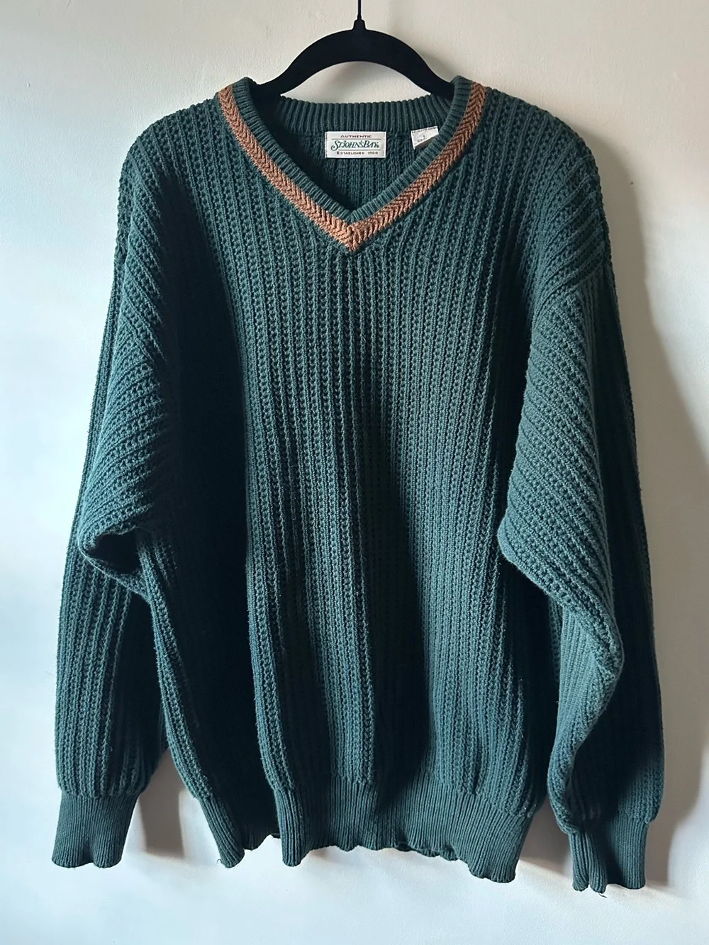 Vintage 90s St John’s Bay Chunky Knit Green Cotton Sweater Preppy Grandpa